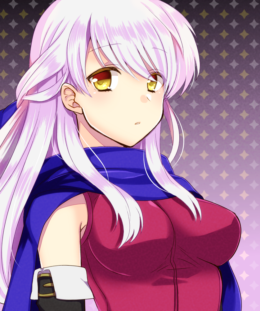 1girl :o bangle bare_shoulders black_gloves blue_scarf bracelet breasts dress elbow_gloves fire_emblem fire_emblem:_radiant_dawn gloves hair_ribbon half_updo jewelry long_hair looking_at_viewer looking_to_the_side micaiah portrait ribbon scarf silver_hair simple_background sleeveless sleeveless_dress solo star starry_background upper_body yellow_eyes yuuhi_(ms1110)