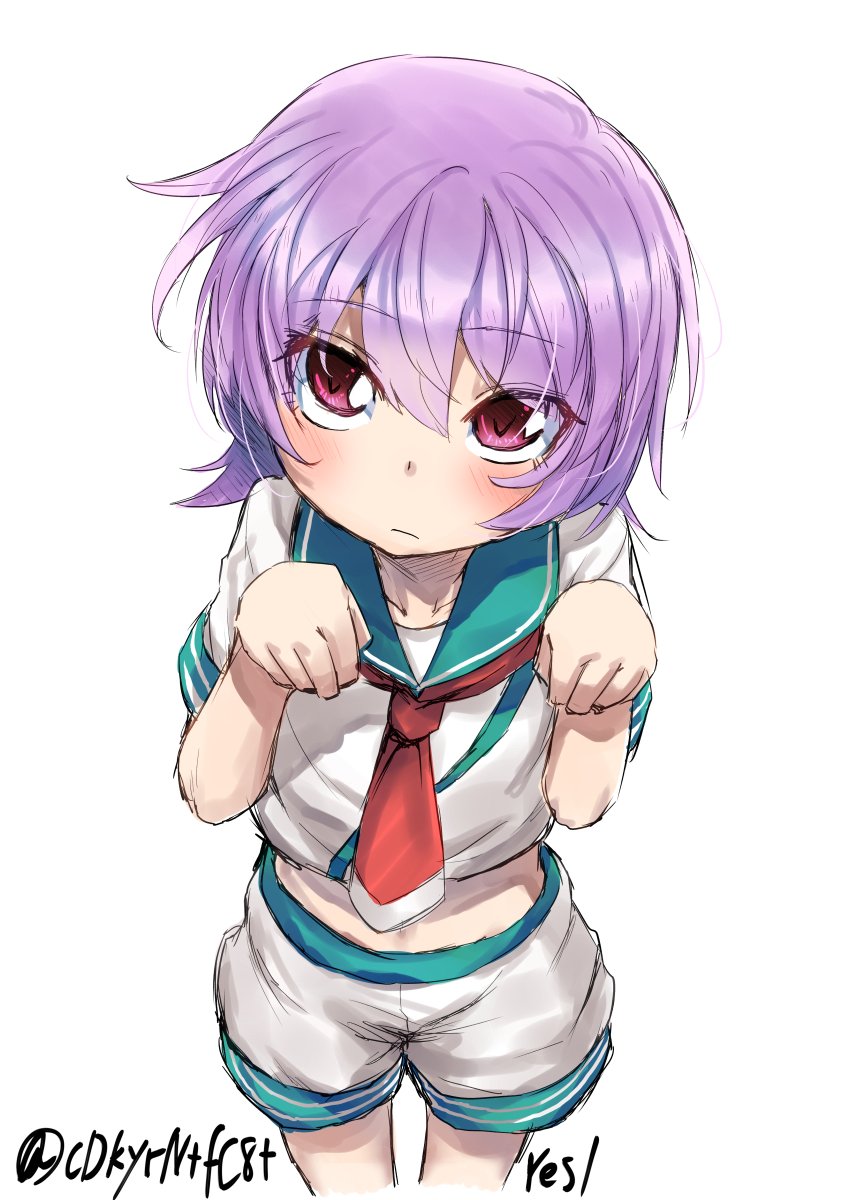 1girl feet_out_of_frame green_sailor_collar highres kantai_collection looking_at_viewer neckerchief paw_pose purple_hair red_eyes red_neckwear sailor_collar school_uniform serafuku short_hair short_sleeves shorts simple_background solo standing tama_(kantai_collection) twitter_username v_r_dragon01 white_background white_shorts