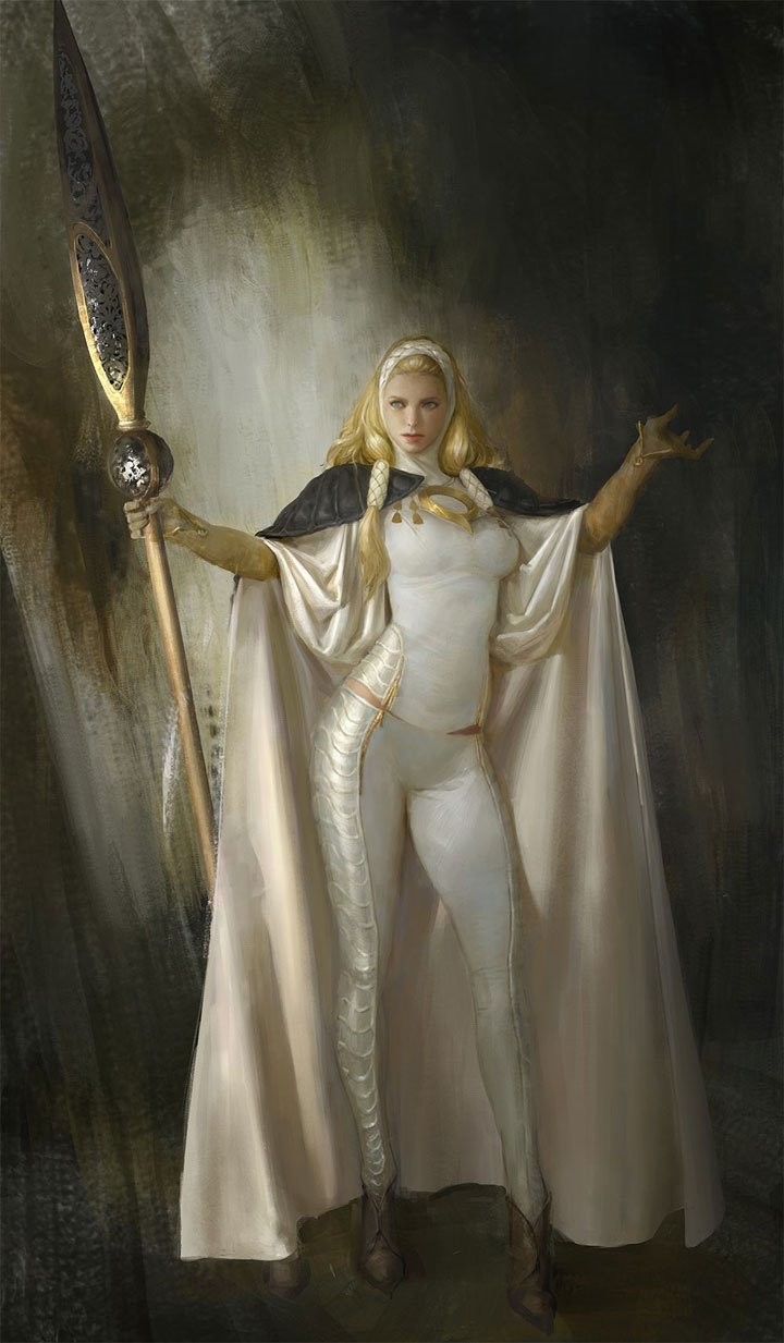 1girl blonde_hair breasts brown_footwear concept_art contrapposto facing_viewer full_body gloves grey_eyes hair_tubes hairband hands_up highres holding holding_staff hunting_era jewelry medium_breasts pants sangsoo_jeong simple_background solo staff standing white_hairband white_pants white_robe