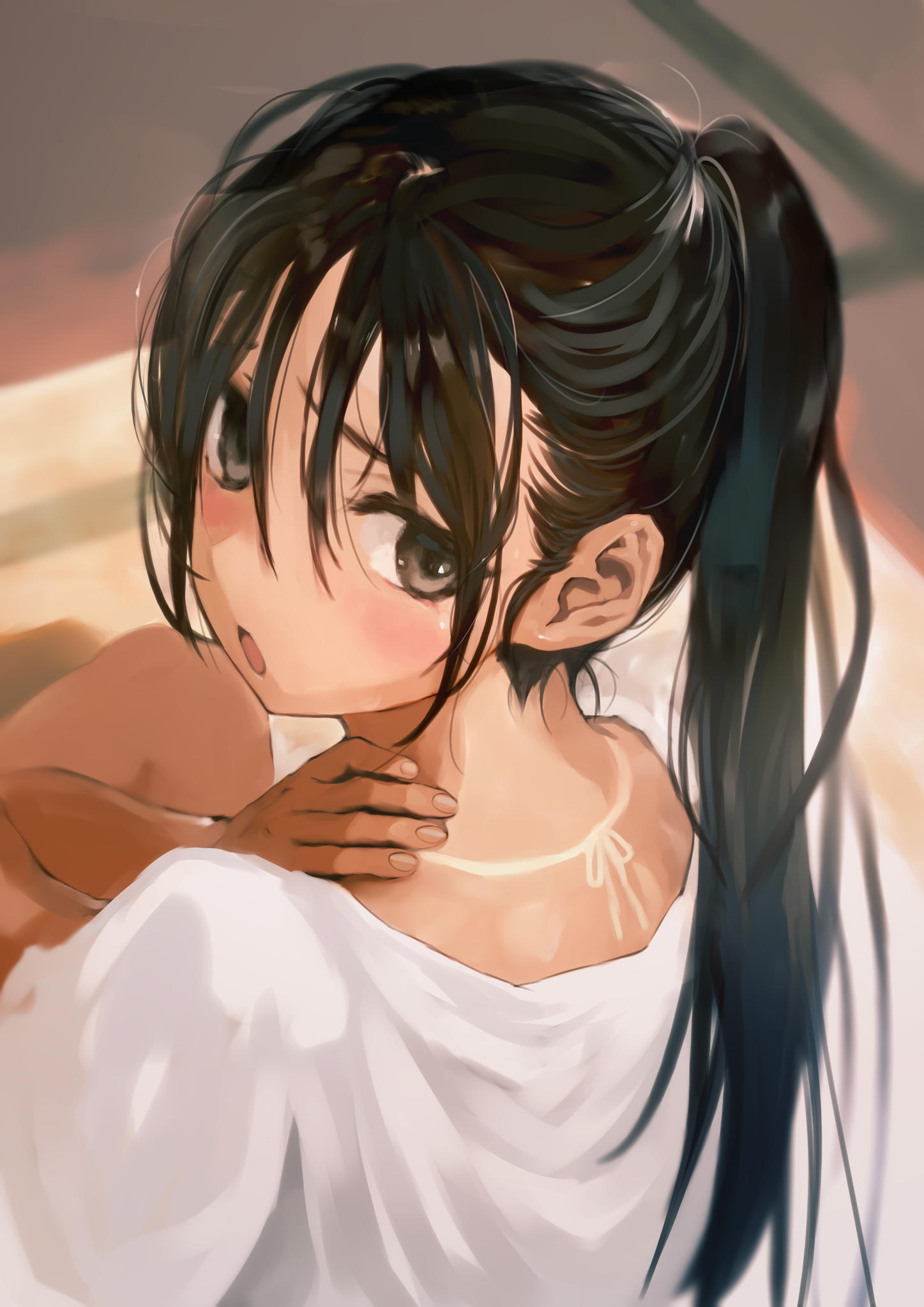 1girl back bangs black_eyes black_hair blush bob_(biyonbiyon) dark_skin highres long_hair open_mouth original ponytail solo tan tanline