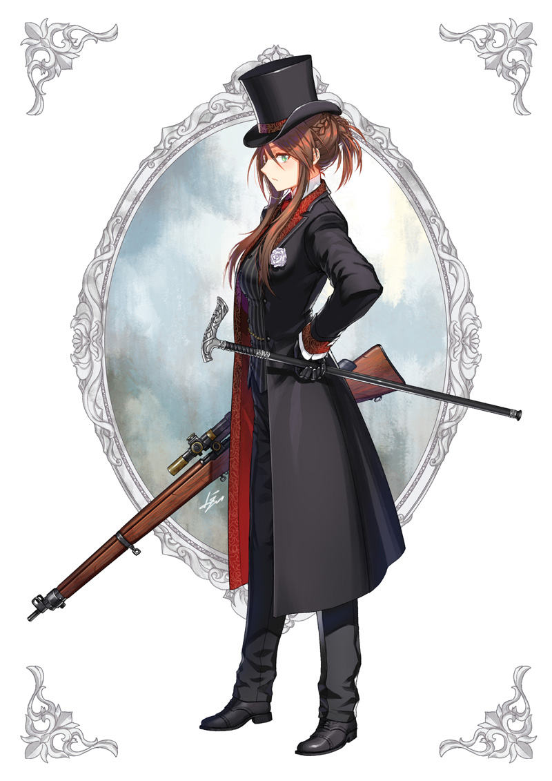 1girl braid brown_hair commentary_request french_braid full_body girls_frontline green_eyes gun hat holding holding_gun holding_weapon kws lee-enfield lee-enfield_(girls_frontline) rifle scope sidelocks sniper_rifle solo top_hat walking_stick weapon