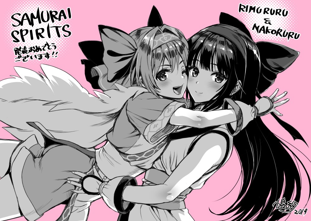 2girls ainu_clothes arms_around_waist bangs black_hair blush bow breast_press character_name cheek-to-cheek fingerless_gloves glomp gloves greyscale hair_bow hair_ornament hairband happy hug kojima_saya long_hair looking_at_viewer monochrome multiple_girls nakoruru one_eye_closed open_mouth pink_background rimururu samurai_spirits short_hair siblings signature simple_background sisters smile standing