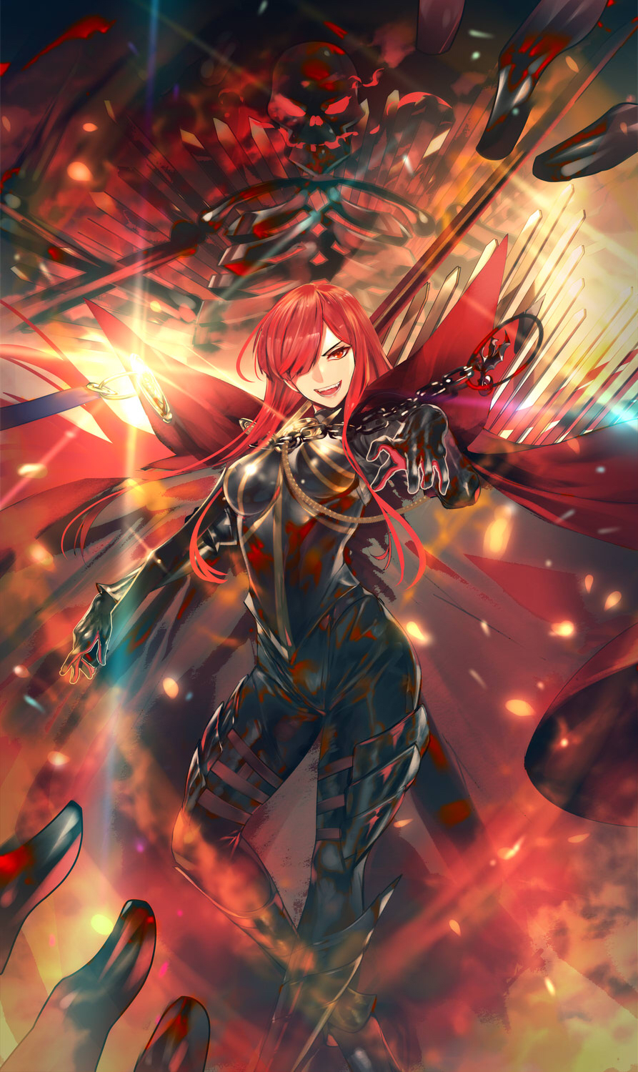 1girl bangs black_bodysuit bodysuit breasts cape chain fate/grand_order fate_(series) fire hair_over_one_eye highres koha-ace large_breasts long_hair looking_at_viewer oda_nobunaga_(fate) oda_nobunaga_(maou_avenger)_(fate) open_mouth popped_collar red_eyes redhead skeleton smile solo teddy_(khanshin) very_long_hair