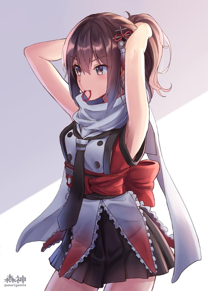 1girl adjusting_hair alternate_hairstyle bangs black_neckwear black_skirt blush breasts brown_eyes brown_hair eyebrows_visible_through_hair hair_ornament hair_tie kantai_collection long_hair morigami_(morigami_no_yashiro) mouth_hold necktie ponytail remodel_(kantai_collection) scarf sendai_(kantai_collection) signature simple_background skirt solo twitter_username white_scarf