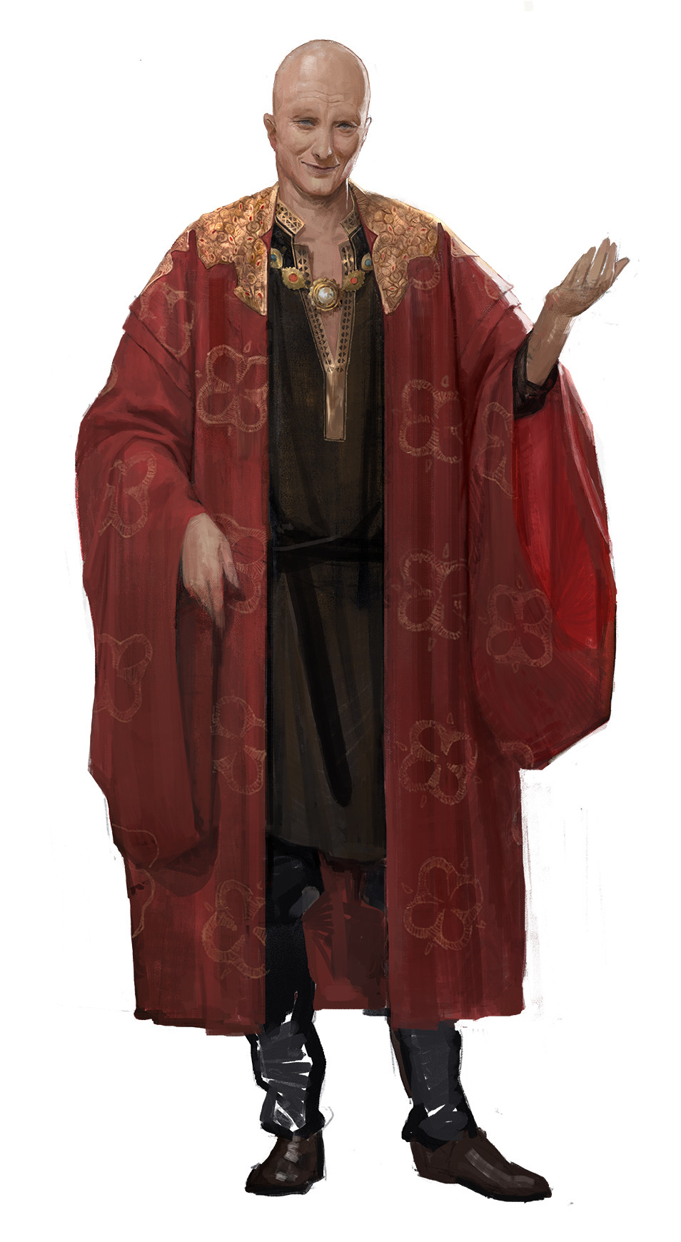 1boy bald black_footwear black_legwear concept_art full_body grey_eyes hand_up highres hunting_era jewelry male_focus necklace old_man red_robe sangsoo_jeong sheath simple_background sketch smile standing tunic white_background wide_sleeves