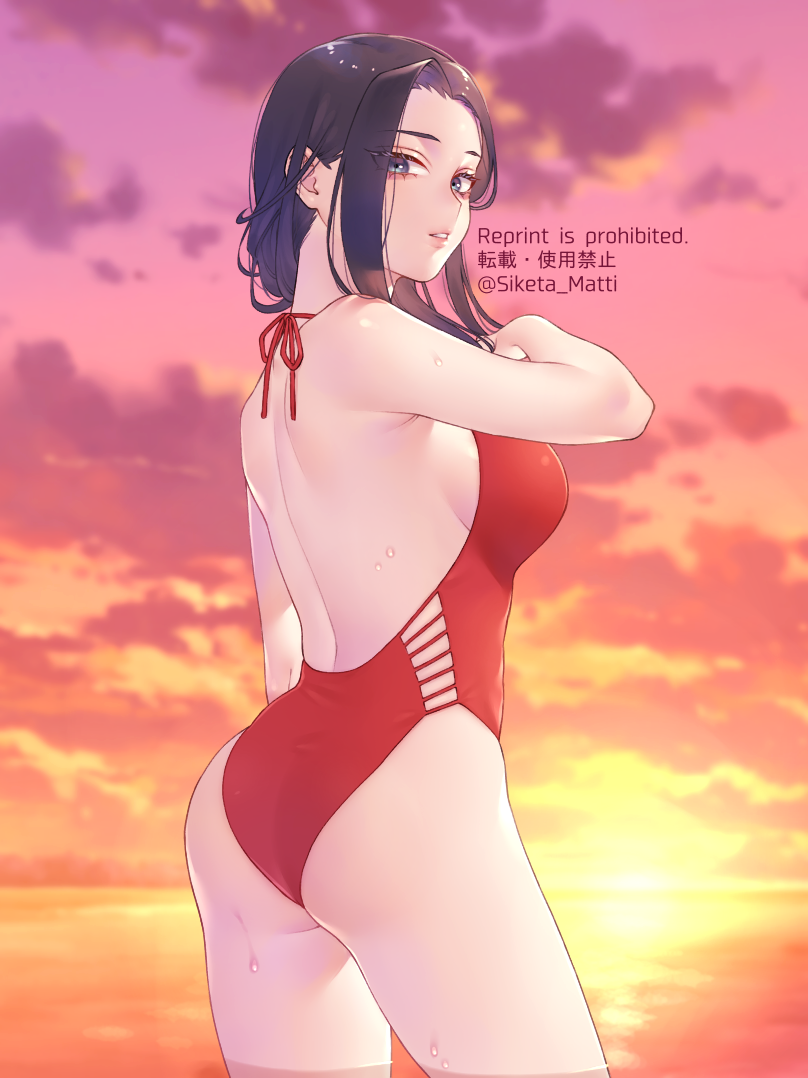 1girl ass black_eyes black_hair boku_no_hero_academia breasts casual_one-piece_swimsuit clouds commentary_request cowboy_shot dated english_text from_behind gradient_sky horizon long_hair looking_at_viewer medium_breasts mizuki_mau ocean one-piece_swimsuit outdoors ponytail red_sky red_swimsuit sky solo standing sunset swimsuit twitter_username water yaoyorozu_momo