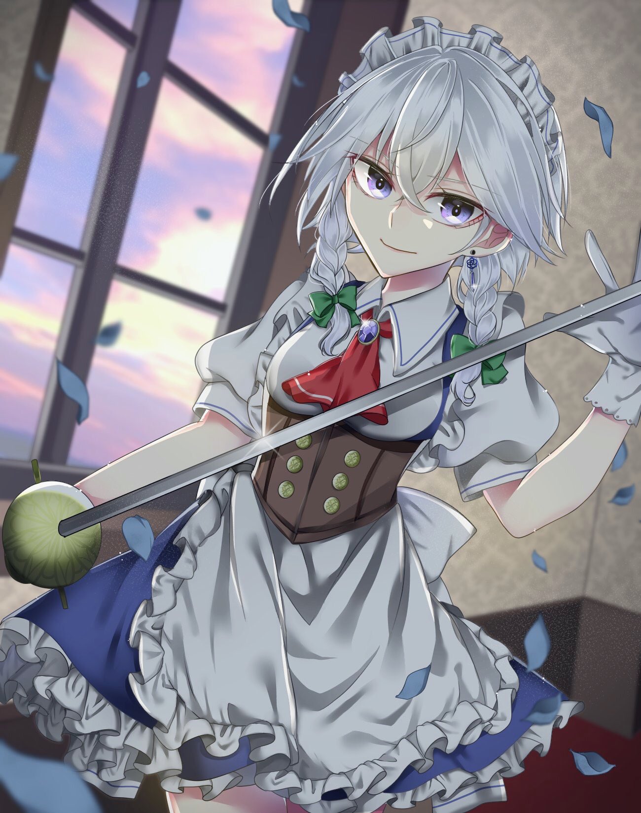 1girl apron ascot bangs blue_dress blue_eyes bow braid breasts brooch clouds commentary_request corset cowboy_shot dress earrings eyebrows_visible_through_hair frilled_apron frills glint gloves green_bow hair_between_eyes hair_bow hand_up highres holding holding_sword holding_weapon indoors izayoi_sakuya jewelry looking_at_viewer maid maid_apron maid_headdress momoaya_kongetsuteifujou petals petticoat puffy_short_sleeves puffy_sleeves rapier red_neckwear shirt short_hair short_sleeves silver_hair small_breasts smile solo standing sword touhou twin_braids waist_apron weapon white_apron white_gloves white_shirt window