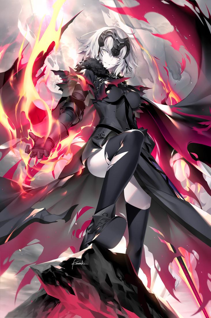 1girl ahoge armor armored_boots armored_dress bangs black_legwear boots breasts cape clouds cloudy_sky dress eyebrows_visible_through_hair fate/apocrypha fate/grand_order fate_(series) fire fur-trimmed_cape fur_collar fur_trim gauntlets headpiece holding holding_sword holding_weapon jeanne_d'arc_(alter)_(fate) jeanne_d'arc_(fate)_(all) kousaki_rui large_breasts long_hair looking_at_viewer medium_breasts open_mouth outdoors short_hair signature silver_hair sky smile solo sword thigh-highs torn_clothes torn_legwear tsurime weapon yellow_eyes