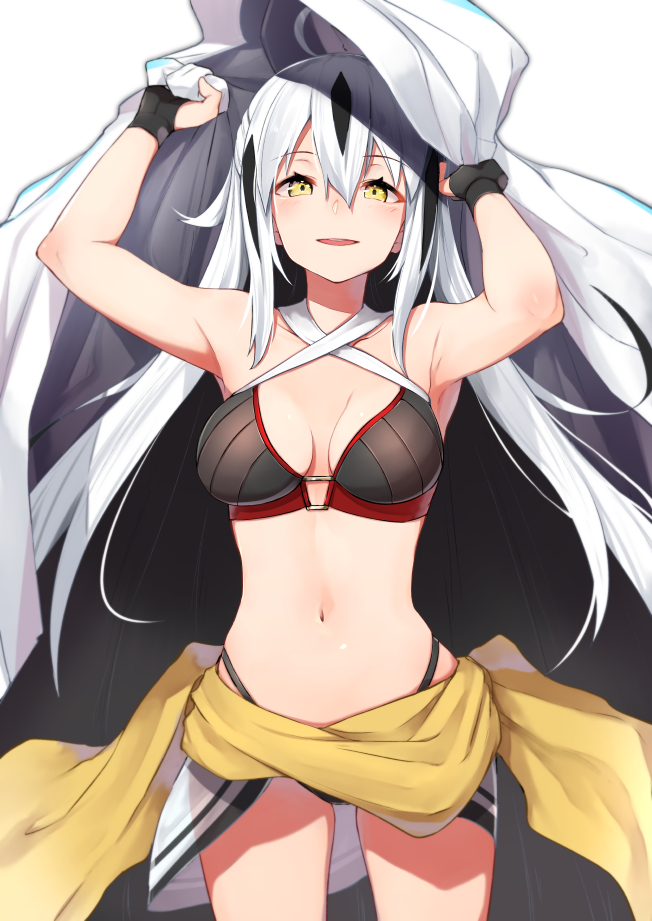1girl armpits arms_up bikini black_bikini black_gloves black_hair breasts cloak collarbone commentary_request cowboy_shot criss-cross_halter eyebrows_visible_through_hair fate/grand_order fate_(series) fingerless_gloves gloves hair_between_eyes halterneck long_hair medium_breasts multicolored_hair nagao_kagetora_(fate) navel open_mouth simple_background solo stomach swimsuit very_long_hair white_background white_hair yellow_eyes yuuzuki_(re'ef)