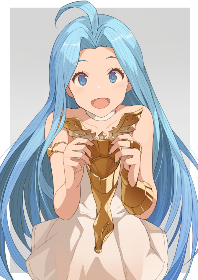 1girl :d ahoge armlet bare_shoulders blue_eyes blue_hair bridal_gauntlets choker collarbone commentary_request cowboy_shot dress eyebrows_visible_through_hair fingernails gloves gloves_removed granblue_fantasy grey_background hinami_(hinatamizu) holding holding_gloves long_hair looking_at_viewer lyria_(granblue_fantasy) open_mouth see-through shiny shiny_hair short_dress simple_background smile solo standing strapless strapless_dress very_long_hair white_choker white_dress