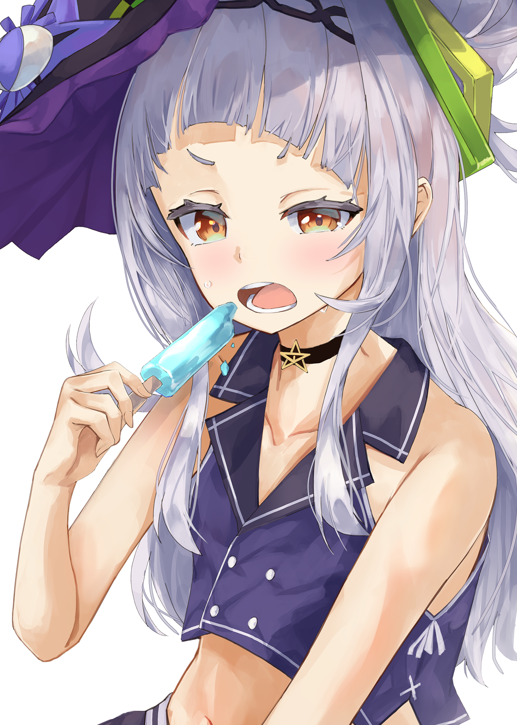 1girl bangs bare_arms bare_shoulders black_choker black_headwear blue_shirt brown_eyes choker collarbone collared_shirt colored_eyelashes commentary_request food forehead hair_ornament half-closed_eye hand_up hat highres holding holding_food hololive konkito long_hair midriff murasaki_shion navel open_mouth popsicle shirt silver_hair simple_background sleeveless sleeveless_shirt solo star star_choker tilted_headwear uneven_eyes upper_teeth v-shaped_eyebrows very_long_hair virtual_youtuber white_background witch_hat