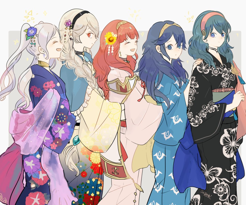 5girls alternate_hairstyle arms_around_waist blue_eyes blue_hair braid byleth byleth_(female) cecilia_(fire_emblem) commentary_request corrin_(fire_emblem) corrin_(fire_emblem)_(female) female_my_unit_(fire_emblem:_three_houses) female_my_unit_(fire_emblem:_kakusei) female_my_unit_(fire_emblem_if) fire_emblem fire_emblem:_three_houses fire_emblem:_kakusei fire_emblem:_three_houses fire_emblem_awakening fire_emblem_echoes:_mou_hitori_no_eiyuuou fire_emblem_echoes:_shadows_of_valentia fire_emblem_fates fire_emblem_gaiden fire_emblem_if floral_print flower green_hair hair_flower hair_ornament hand_on_another's_shoulder intelligent_systems japanese_clothes kamui_(fire_emblem) kimono long_hair looking_at_viewer lucina medium_hair multiple_girls my_unit_(fire_emblem:_three_houses) my_unit_(fire_emblem:_kakusei) my_unit_(fire_emblem_if) nintendo open_mouth red_eyes reflet robin_(fire_emblem) robin_(fire_emblem)_(female) sasaki_(dkenpisss) side_braid silver_hair smile summer summer_festival super_smash_bros. twintails
