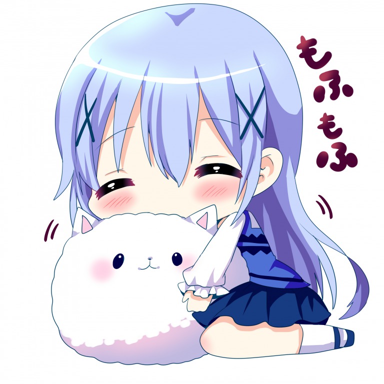 1girl ^_^ angora_rabbit animal animal_hug bangs blue_footwear blue_hair blue_skirt blue_vest blush chibi chocolat_(momoiro_piano) closed_eyes commentary_request eyebrows_visible_through_hair facing_viewer full_body gochuumon_wa_usagi_desu_ka? hair_between_eyes kafuu_chino long_hair long_sleeves looking_at_viewer pleated_skirt rabbit rabbit_house_uniform shirt shoes simple_background sitting skirt socks tippy_(gochiusa) translated uniform very_long_hair vest waitress wariza white_background white_legwear white_shirt