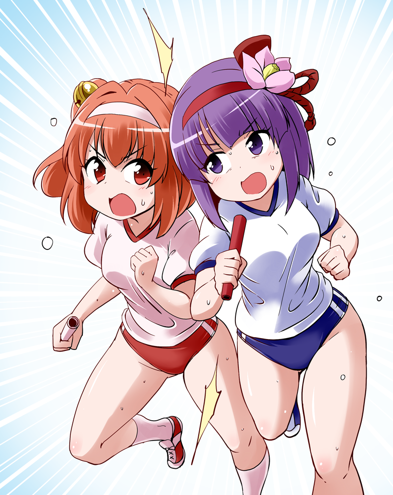 2girls bell blue_buruma buruma clenched_hands flower gym_uniform hair_flower hair_ornament headband hieda_no_akyuu jingle_bell kneehighs kousei_(public_planet) motoori_kosuzu multiple_girls open_mouth orange_hair purple_hair racing red_buruma running shirt shoes short_hair shouting simple_background touhou two_side_up violet_eyes white_background white_legwear white_shirt