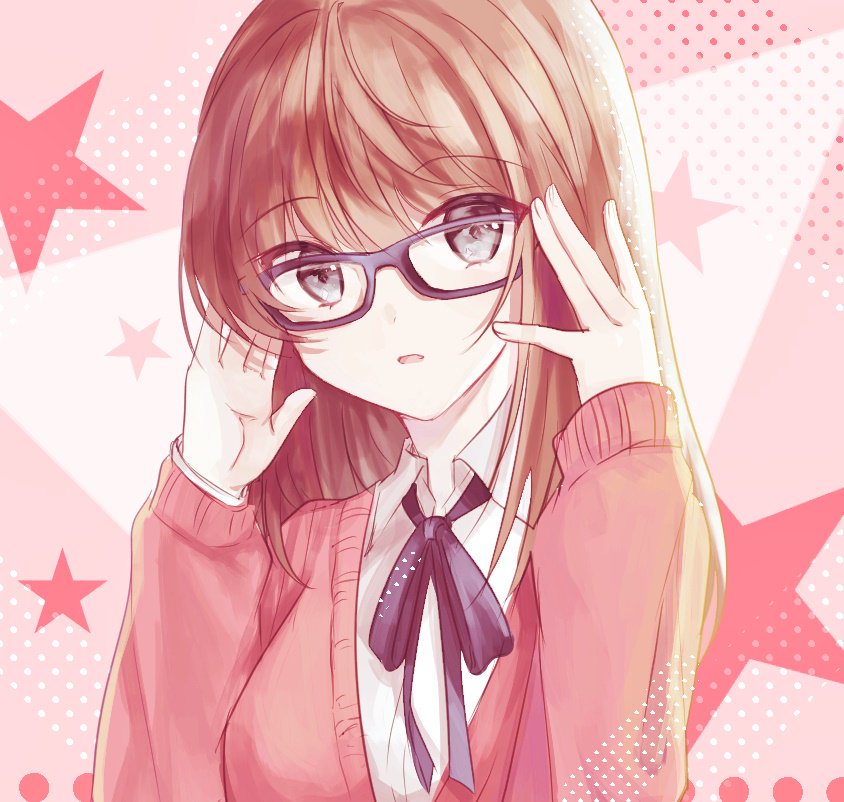 1girl 723/nanahumi adjusting_eyewear anzu_(ensemble_stars!) bangs black-framed_eyewear black_ribbon blush brown_hair cardigan collared_shirt ensemble_stars! eyebrows_visible_through_hair glasses grey_eyes hair_between_eyes hands_up long_hair long_sleeves looking_at_viewer neck_ribbon parted_lips pink_background pink_cardigan polka_dot polka_dot_background ribbon shirt sleeves_past_wrists solo star starry_background upper_body white_shirt