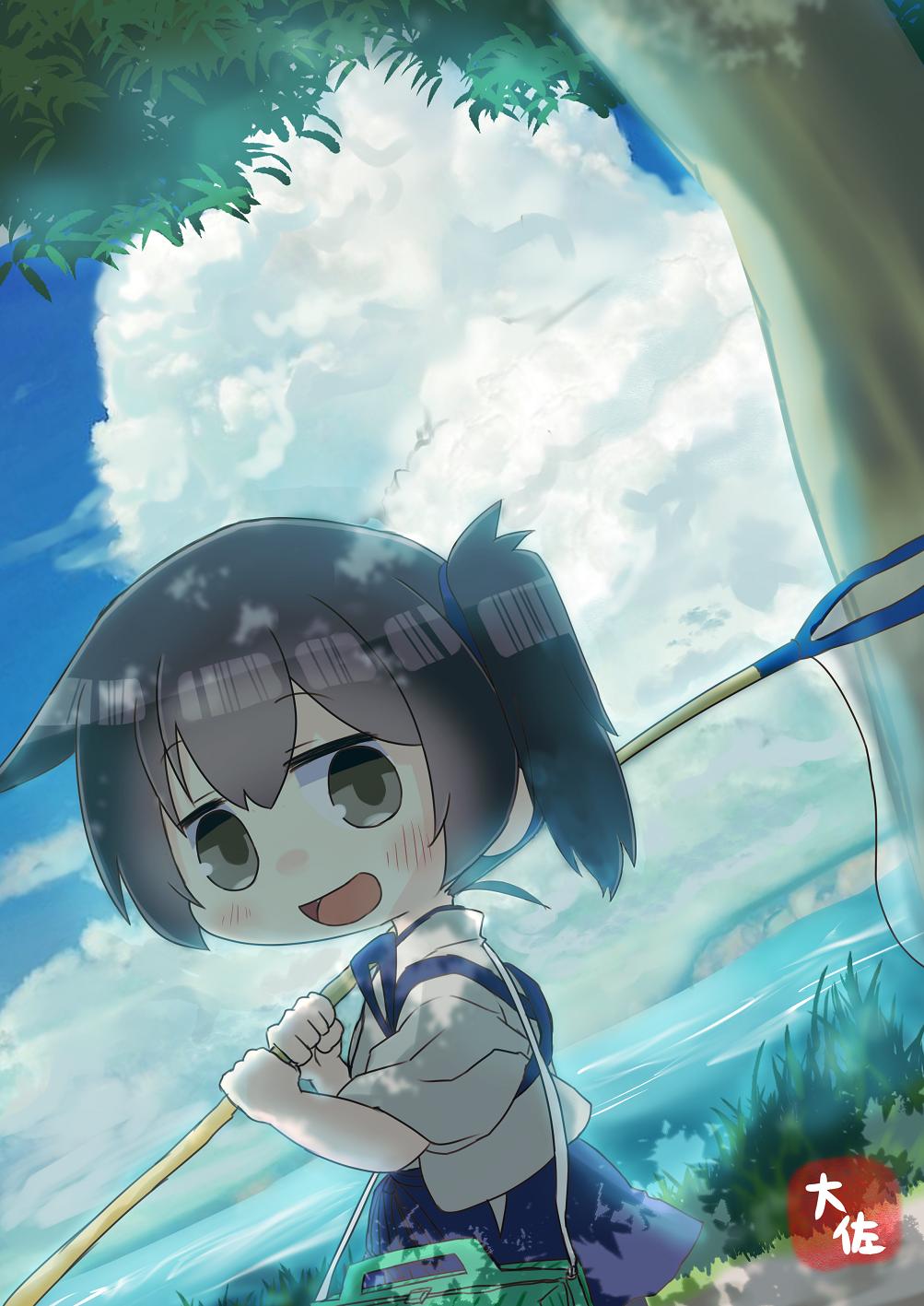 1girl artist_name blue_hakama blue_sky brown_eyes brown_hair butterfly_net clouds commentary_request cowboy_shot day dutch_angle hakama hakama_skirt hand_net highres japanese_clothes kaga_(kantai_collection) kantai_collection long_hair looking_at_viewer outdoors side_ponytail sky smile solo taisa_(kari) tasuki tree