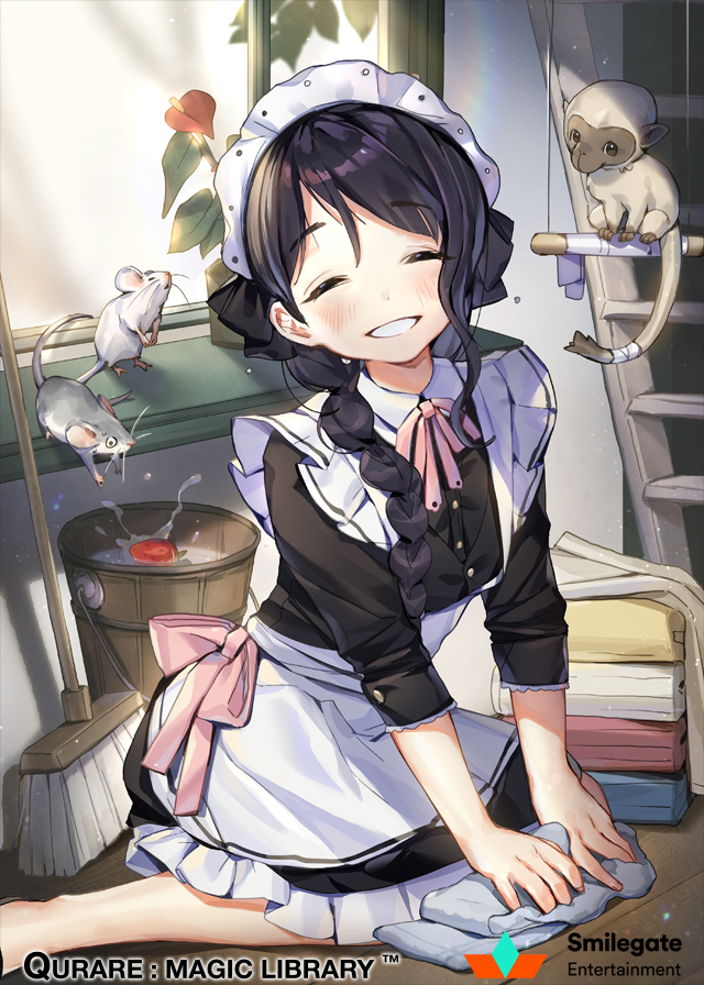 1girl animal apron black_hair blush braid broom bucket cleaning closed_eyes copyright_name food fruit indoors ladder maid maid_apron maid_headdress mouse official_art parted_lips plant potted_plant qurare_magic_library rag sitting smile solo strawberry wariza watermark whoisshe window