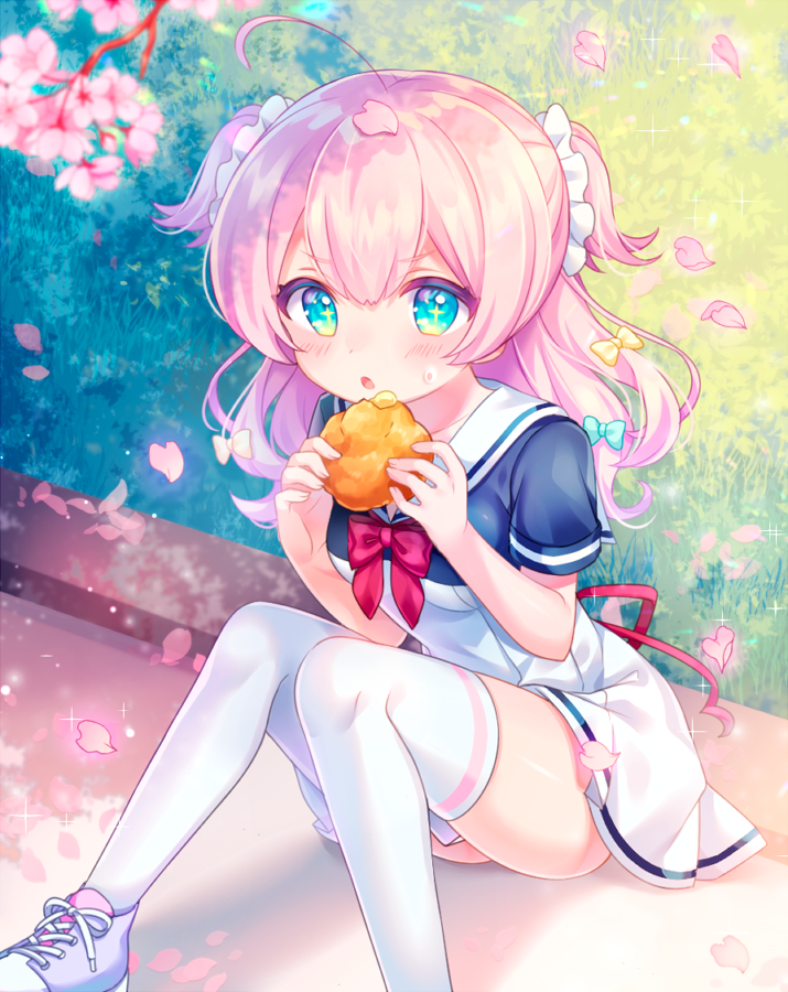 +_+ 1girl ahoge bangs blue_bow blue_eyes blue_shirt blurry blurry_foreground blush bow breasts cherry_blossoms commentary_request day depth_of_field dress eyebrows_visible_through_hair flower food hair_between_eyes hair_bow holding holding_food komachi_pochi long_hair looking_at_viewer original outdoors parted_lips petals pink_flower pink_hair purple_footwear sailor_collar shirt shoes short_sleeves sitting small_breasts solo sweat thigh-highs tree_branch two_side_up white_dress white_legwear white_sailor_collar yellow_bow