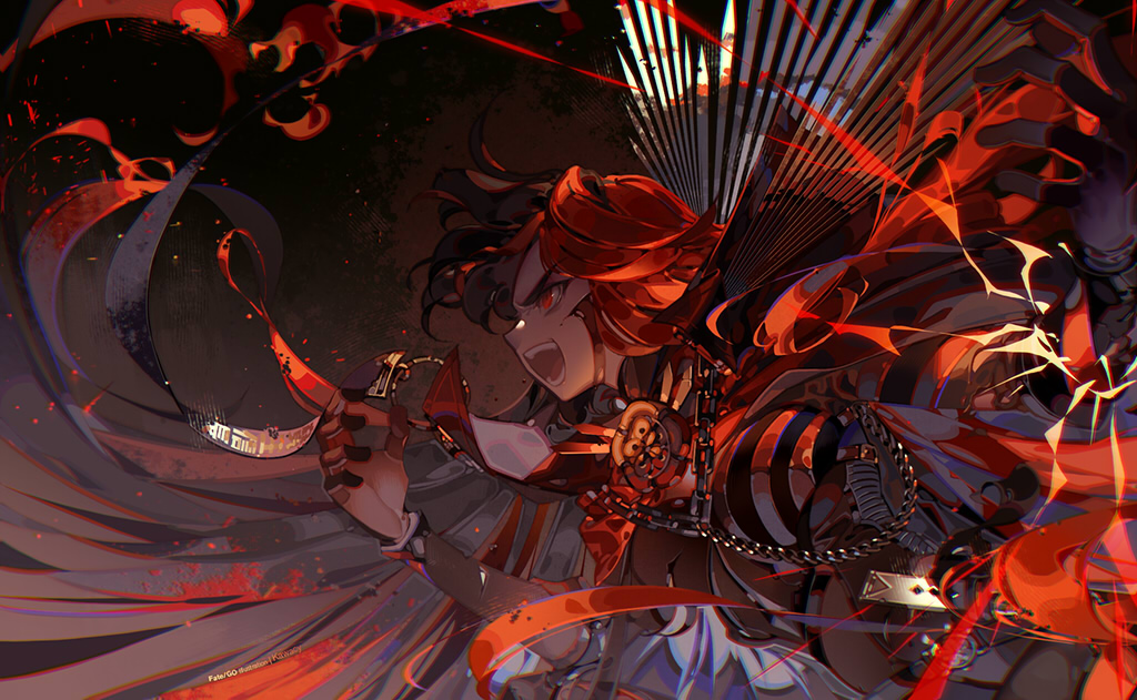 1girl black_hair commentary_request fate/grand_order fate_(series) fire katana kawacy long_hair long_sleeves looking_to_the_side oda_nobunaga_(fate) oda_nobunaga_(maou_avenger)_(fate) open_mouth red_eyes solo straight_hair strap sword very_long_hair weapon