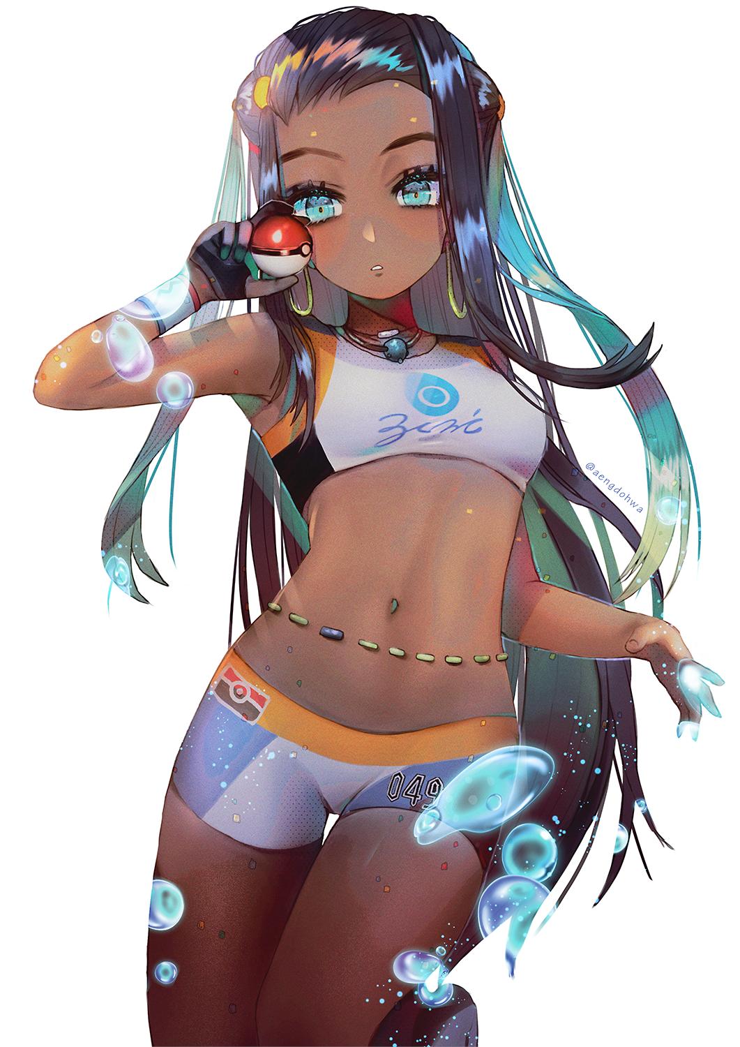 1girl bare_arms bare_shoulders black_gloves black_hair blue_eyes breasts bubble crop_top dark_skin forehead gloves hanato_(seonoaiko) hand_up highres holding jewelry leg_up long_hair looking_at_viewer medium_breasts midriff multicolored_hair navel necklace parted_lips partly_fingerless_gloves poke_ball poke_ball_(generic) pokemon pokemon_(game) pokemon_swsh rurina_(pokemon) sleeveless solo stomach sweatband thighs twitter_username very_long_hair