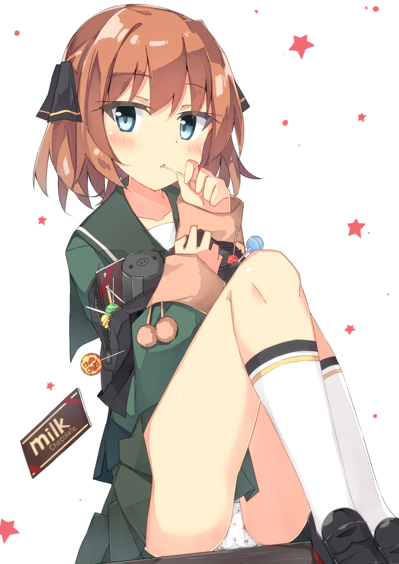 1girl bag bangs beritabo black_footwear black_ribbon blue_eyes blush brown_hair candy chocolate_bar commentary_request eyebrows_visible_through_hair food food_in_mouth green_sailor_collar green_serafuku green_shirt green_skirt hachijou_(kantai_collection) hair_between_eyes hair_ribbon holding holding_food holding_lollipop kantai_collection kneehighs loafers lollipop long_hair long_sleeves looking_at_viewer panties parted_lips pleated_skirt ribbon sailor_collar school_bag school_uniform serafuku shirt shoes simple_background sitting skirt sleeves_past_wrists solo star underwear white_background white_legwear white_panties