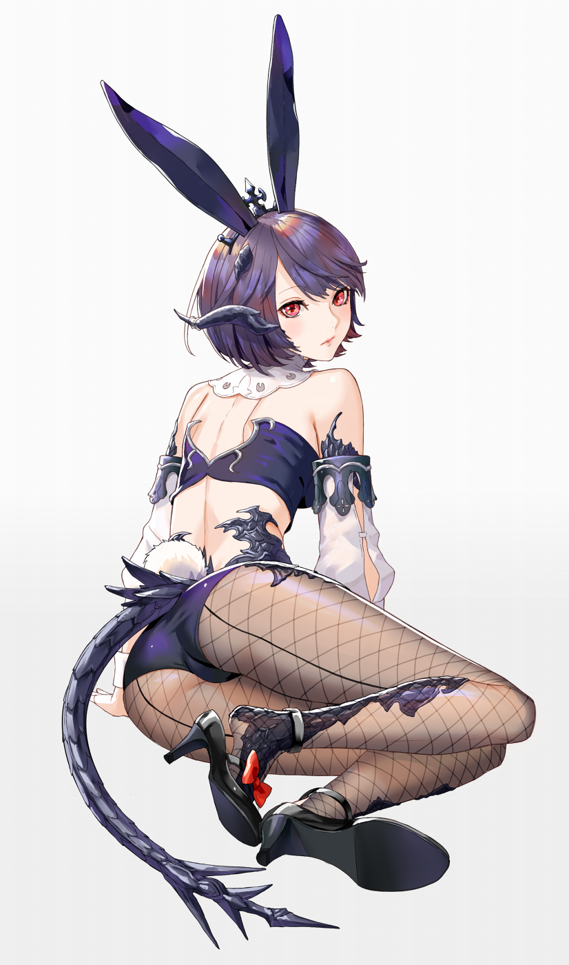 1girl animal_ears ass au_ra bangs black_footwear blush bow bunny_tail crop_top detached_collar detached_sleeves dragon_tail final_fantasy final_fantasy_xiv fishnet_pantyhose fishnets high_heels highres horns looking_at_viewer looking_back lying on_side pantyhose purple_hair rabbit_ears red_bow red_eyes scales short_hair simple_background solo tail white_background yukichi_(aburishake)