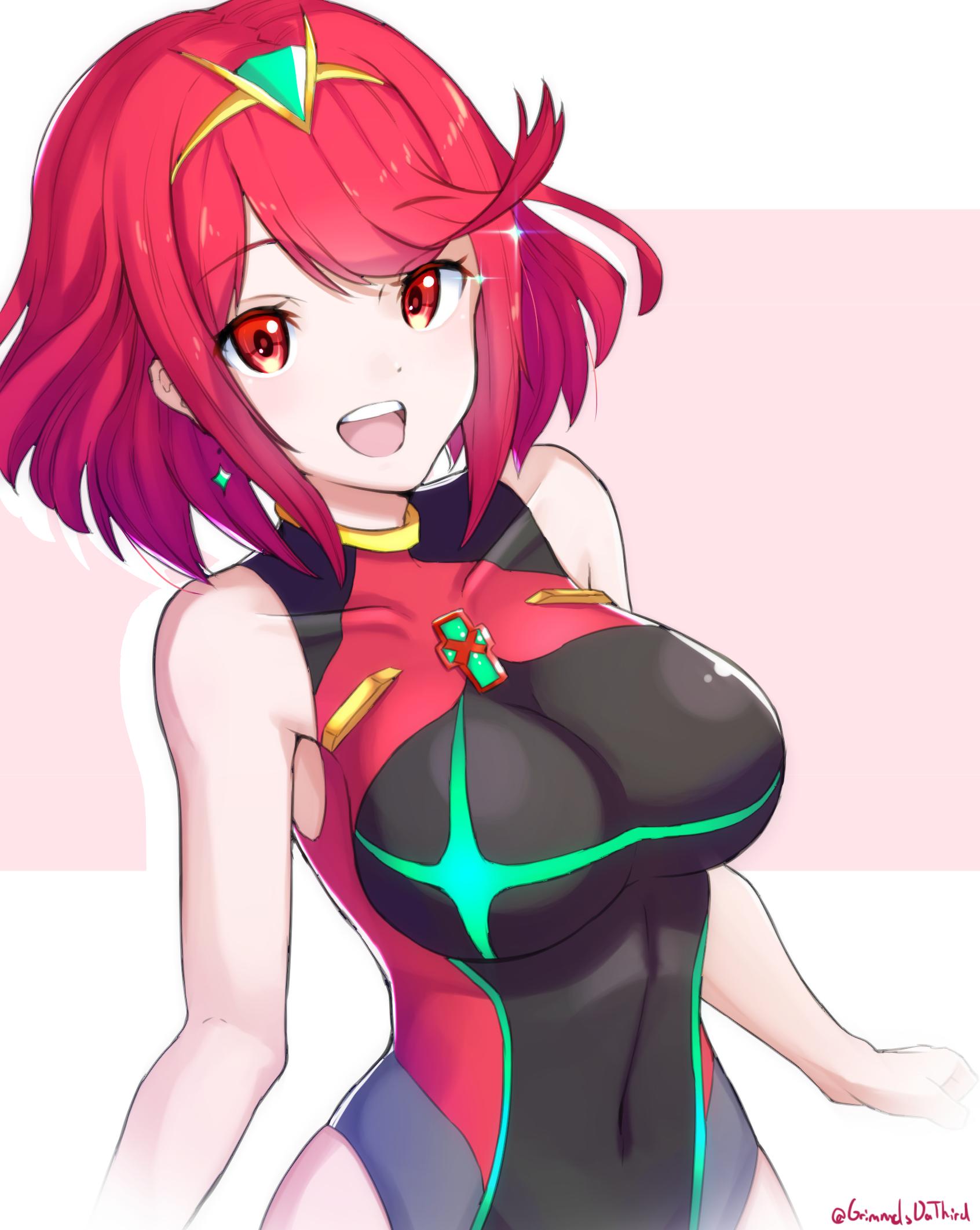 1girl bangs black_swimsuit breasts covered_navel earrings gem grimmelsdathird headpiece highres pyra_(xenoblade) jewelry large_breasts red_eyes redhead solo swept_bangs swimsuit tiara xenoblade_(series) xenoblade_2