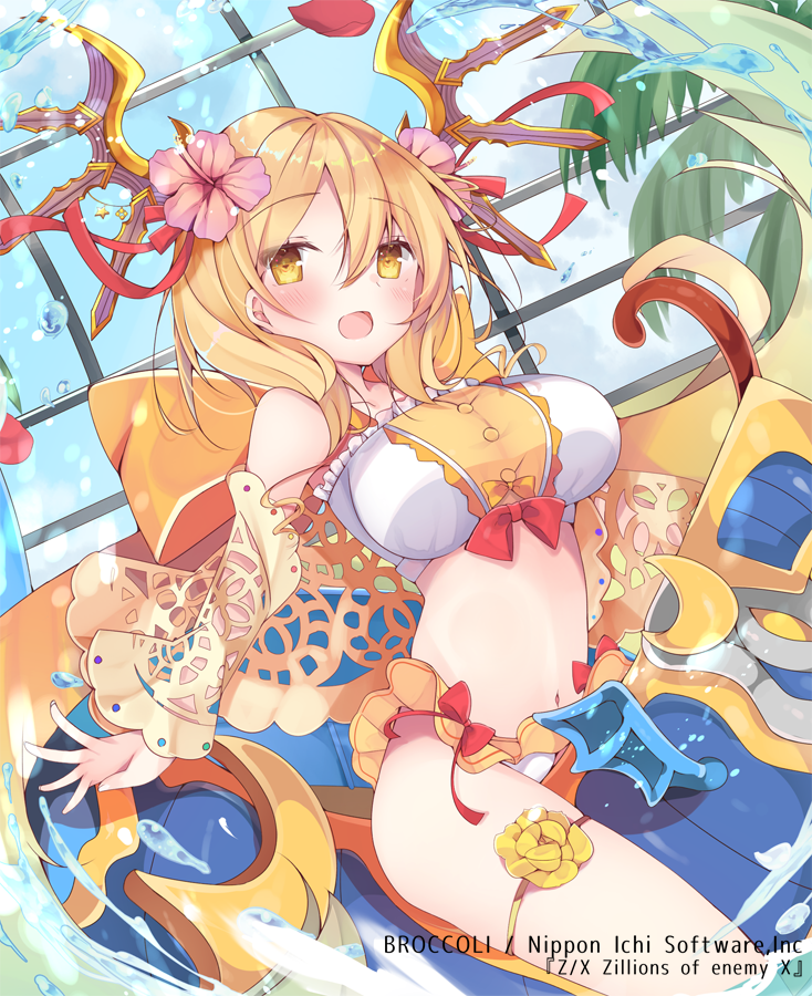 1girl :d bandeau bare_shoulders blonde_hair bow breasts commentary_request crop_top flower frills hair_between_eyes hair_flower hair_ornament headgear large_breasts long_hair looking_at_viewer microskirt midriff navel official_art open_mouth orange_skirt panties petals pink_flower red_bow riding rose satsuki_mayuri skirt smile solo stomach tail underwear water watermark white_panties yellow_eyes z/x