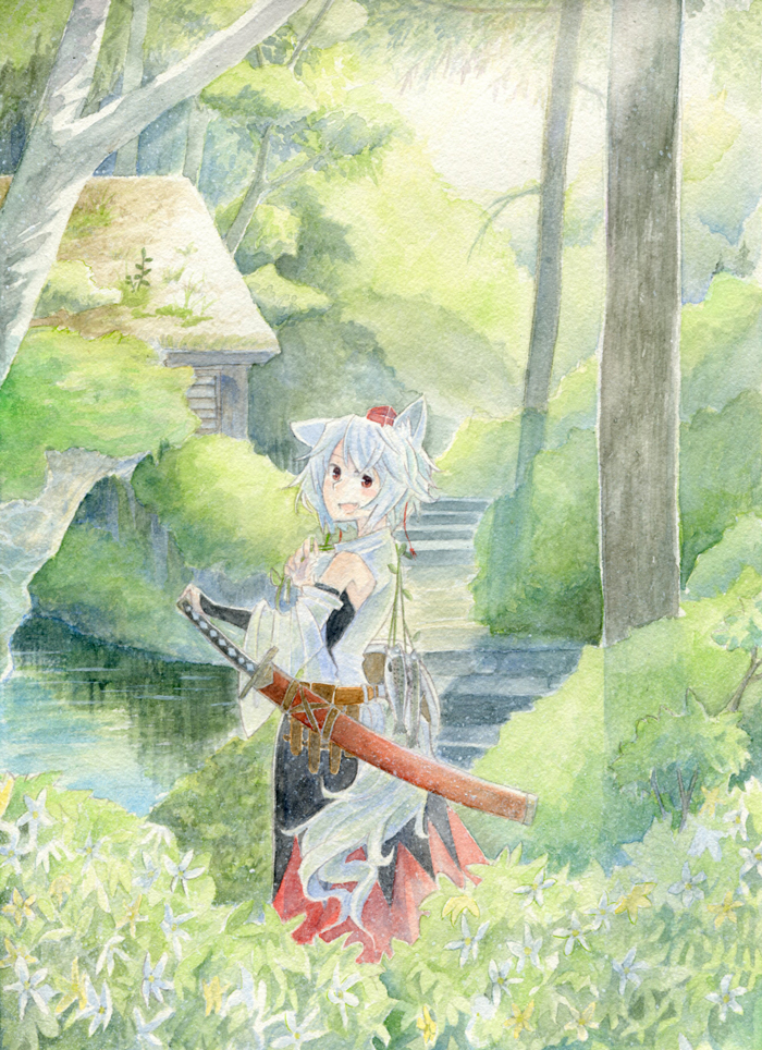 1girl :3 animal_ear_fluff animal_ears armpit_peek bangs bare_shoulders belt brown_belt bush detached_sleeves fang fish from_side hands_up hat holding house inubashiri_momiji japanese_clothes long_sleeves looking_at_viewer looking_back mononofu7 open_mouth outdoors plant red_eyes reflection river scabbard sheath sheathed short_hair skirt smile solo stairs standing sword tail tassel tokin_hat touhou traditional_media tree turtleneck water watercolor_(medium) weapon white_hair wide_hips wolf_ears wolf_girl wolf_tail