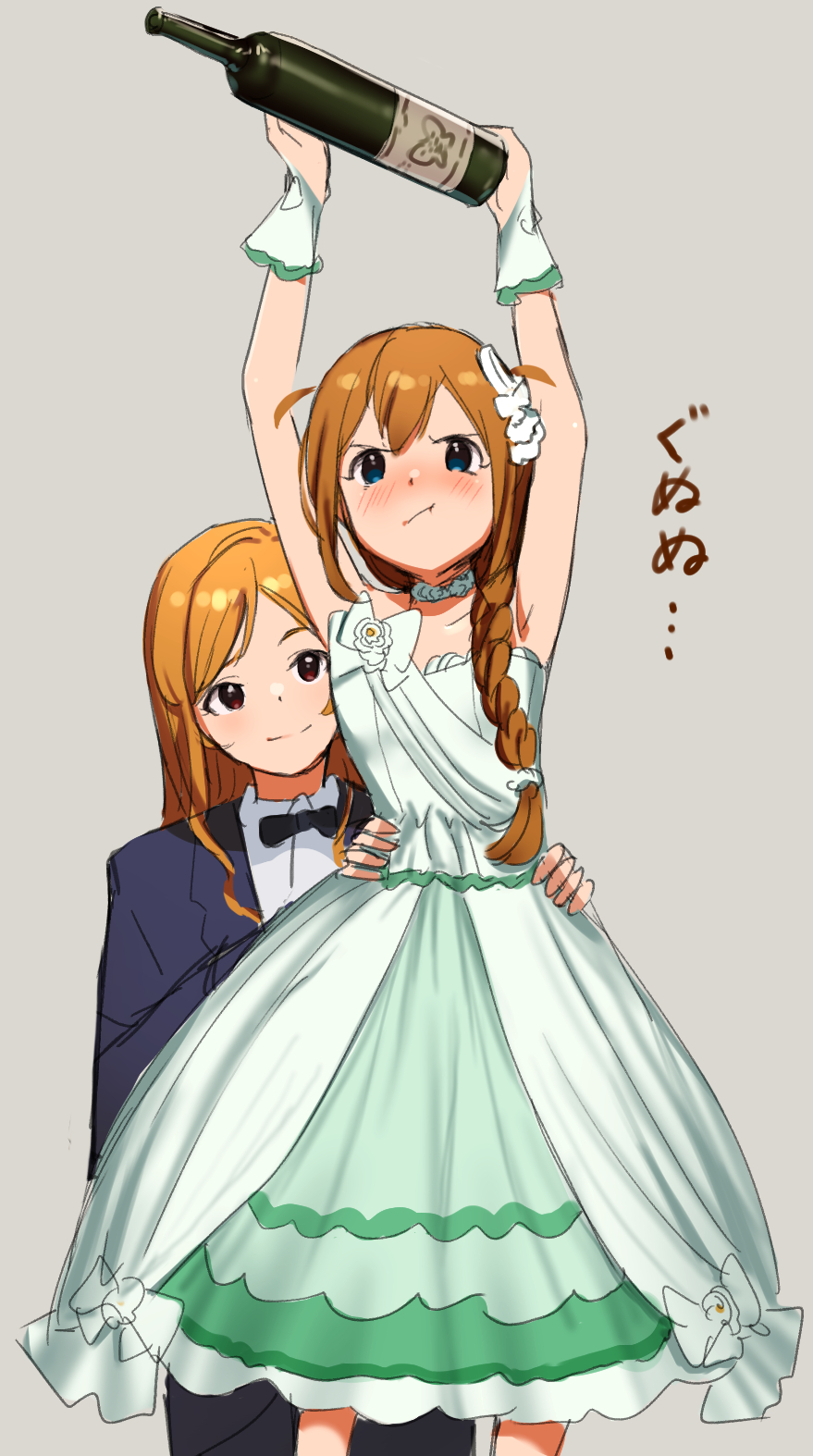 2girls :t armpits arms_up baba_konomi bangs bare_shoulders black_jacket black_neckwear blue_eyes blush bottle bow bowtie braid bridal_gauntlets brown_hair closed_mouth collarbone collared_shirt dress eyebrows_visible_through_hair formal green_dress hair_ornament hair_over_shoulder highres holding holding_bottle idolmaster idolmaster_million_live! jacket long_hair momose_rio multiple_girls nose_blush pout red_eyes shirt single_braid strapless strapless_dress suit suzuki_puramo translated white_shirt