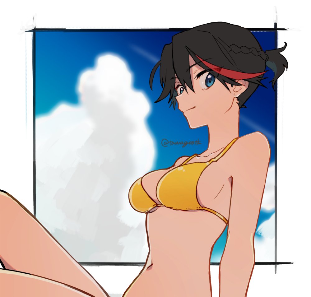 1girl alternate_hairstyle bangs bikini black_border black_hair blue_eyes blue_sky blurry blurry_background border braid breasts closed_mouth clouds cloudy_sky commentary crown_braid day depth_of_field hair_up kill_la_kill looking_at_viewer matoi_ryuuko medium_breasts mittsun multicolored_hair navel outside_border short_ponytail sitting sky smile solo streaked_hair swimsuit symbol_commentary two-tone_hair yellow_bikini