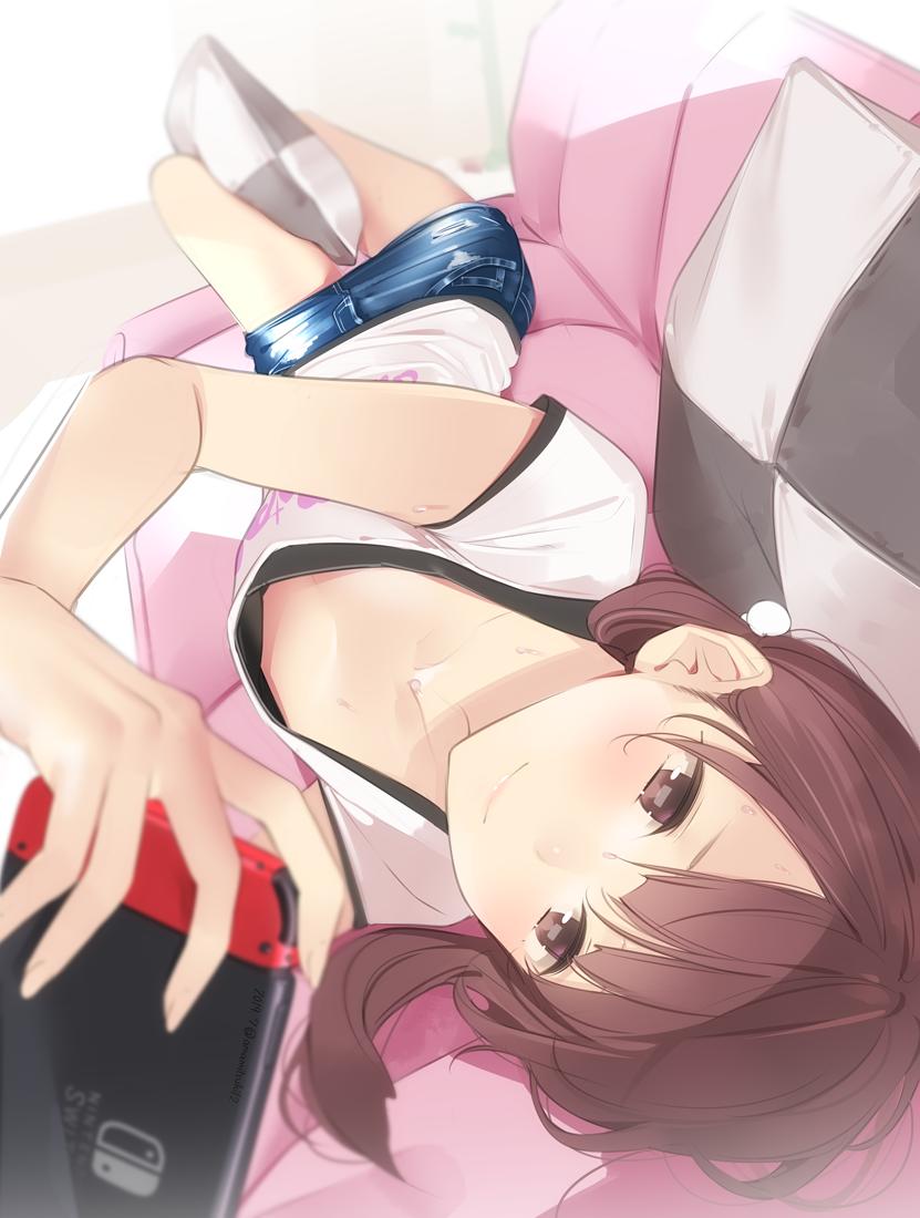 1girl ama_mitsuki bangs between_legs blush brown_eyes brown_hair closed_mouth collarbone commentary_request couch denim denim_skirt downblouse game_console holding long_hair lying nintendo nintendo_switch no_bra on_back on_couch original pillow playing_games shirt short_sleeves skirt smile solo sweat twintails