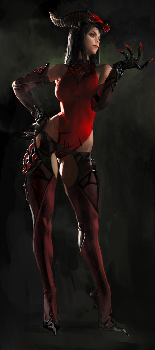 1girl black_background black_hair breasts brown_legwear claws concept_art full_body hand_on_hip highres horns hunting_era leotard looking_to_the_side medium_breasts medium_hair red_eyes red_leotard sangsoo_jeong solo standing