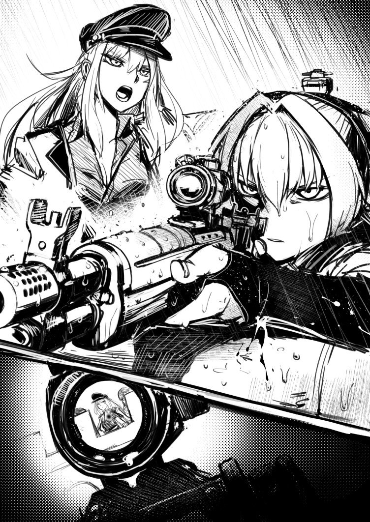 aiming didloaded facial_scar fingerless_gloves gangut_(kantai_collection) gloves gun hat holding holding_gun holding_weapon jacket_on_shoulders kantai_collection long_hair military_hat military_jacket monochrome peaked_cap rain rifle scar scar_on_cheek scope shiranui_(kantai_collection) sniper_rifle weapon wet