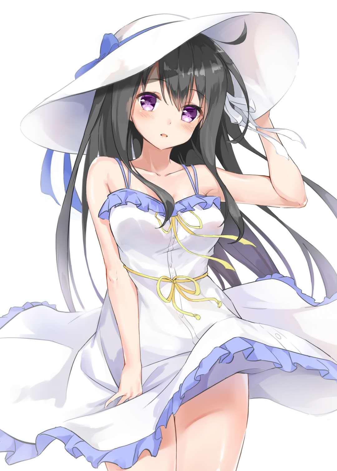 1girl arm_up bangs bare_arms bare_shoulders black_hair blue_bow blush bow breasts cannian_dada character_request commentary_request dress eyebrows_visible_through_hair frilled_dress frills hair_between_eyes hand_on_headwear hat hat_bow head_tilt highres long_hair looking_at_viewer medium_breasts minori parted_lips ribbon simple_background sleeveless sleeveless_dress solo sun_hat very_long_hair violet_eyes white_background white_dress white_headwear yellow_ribbon