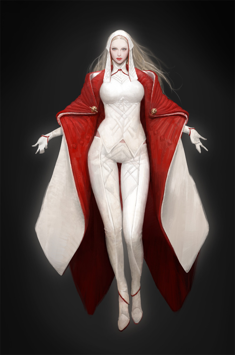 1girl blonde_hair concept_art full_body gloves grey_background highres hunting_era looking_at_viewer pants realistic robe sangsoo_jeong simple_background solo standing white_footwear white_gloves white_pants