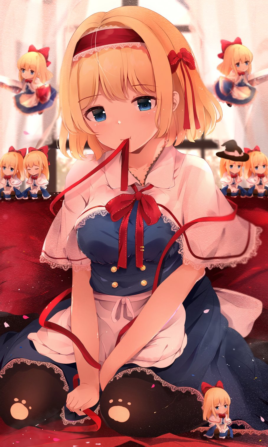 1girl alice_margatroid apron between_legs black_legwear blonde_hair blue_dress blue_eyes blush bow breasts capelet double-breasted dress hair_bow hairband hand_between_legs hat highres hunya indoors lolita_hairband looking_at_viewer medium_breasts medium_hair mouth_hold pantyhose red_bow red_hairband red_ribbon ribbon ribbon_in_mouth seiza shanghai_doll sitting solo touhou waist_apron white_apron white_capelet witch_hat