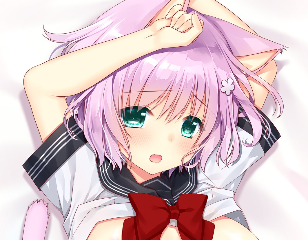 1girl animal_ears arms_up blush bow bowtie cat_ears cat_tail close-up commentary_request eyebrows_visible_through_hair flower green_eyes hair_between_eyes hair_flower hair_ornament looking_at_viewer open_mouth original pink_hair red_neckwear ryuuga_shou shirt_lift short_hair short_sleeves solo tail white_serafuku