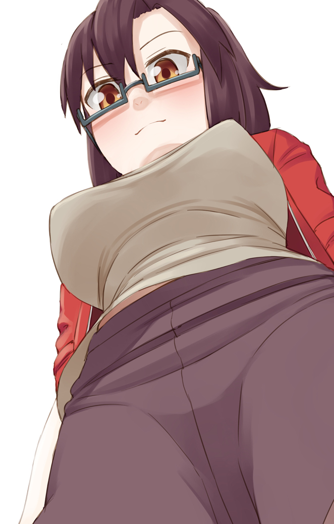 1girl arms_at_sides black_pants blush breasts brown_eyes brown_hair easy_(aqk7bdqt) from_below glasses jacket kouenji_(sewayaki_kitsune_no_senko-san) large_breasts looking_at_viewer pants red_jacket semi-rimless_eyewear sewayaki_kitsune_no_senko-san simple_background solo standing under-rim_eyewear white_background