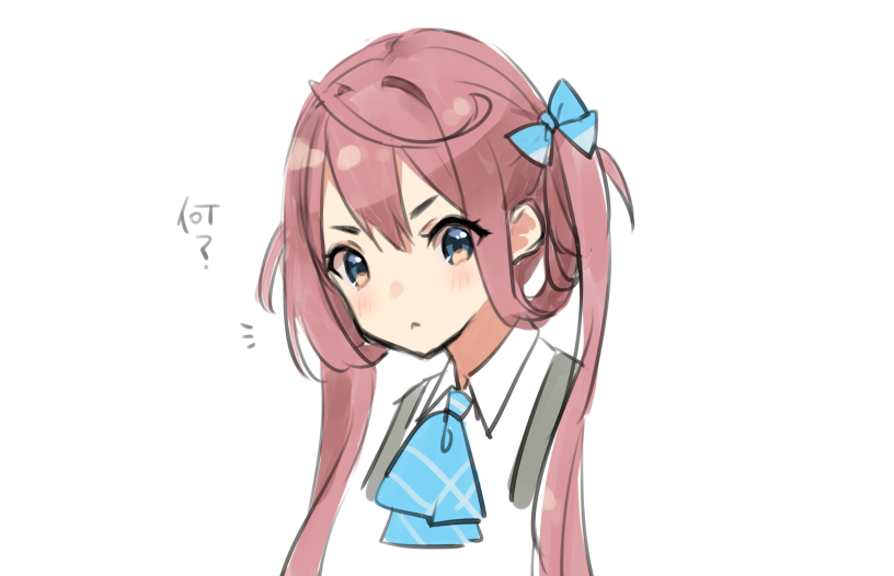 1girl :&lt; asagumo_(kantai_collection) bangs blue_bow blue_neckwear blush bow brown_eyes brown_hair closed_mouth collared_shirt cropped_torso hair_bow hair_rings kantai_collection long_hair looking_at_viewer nuno_(pppompon) shirt simple_background solo suspenders translated twintails upper_body v-shaped_eyebrows white_background white_shirt