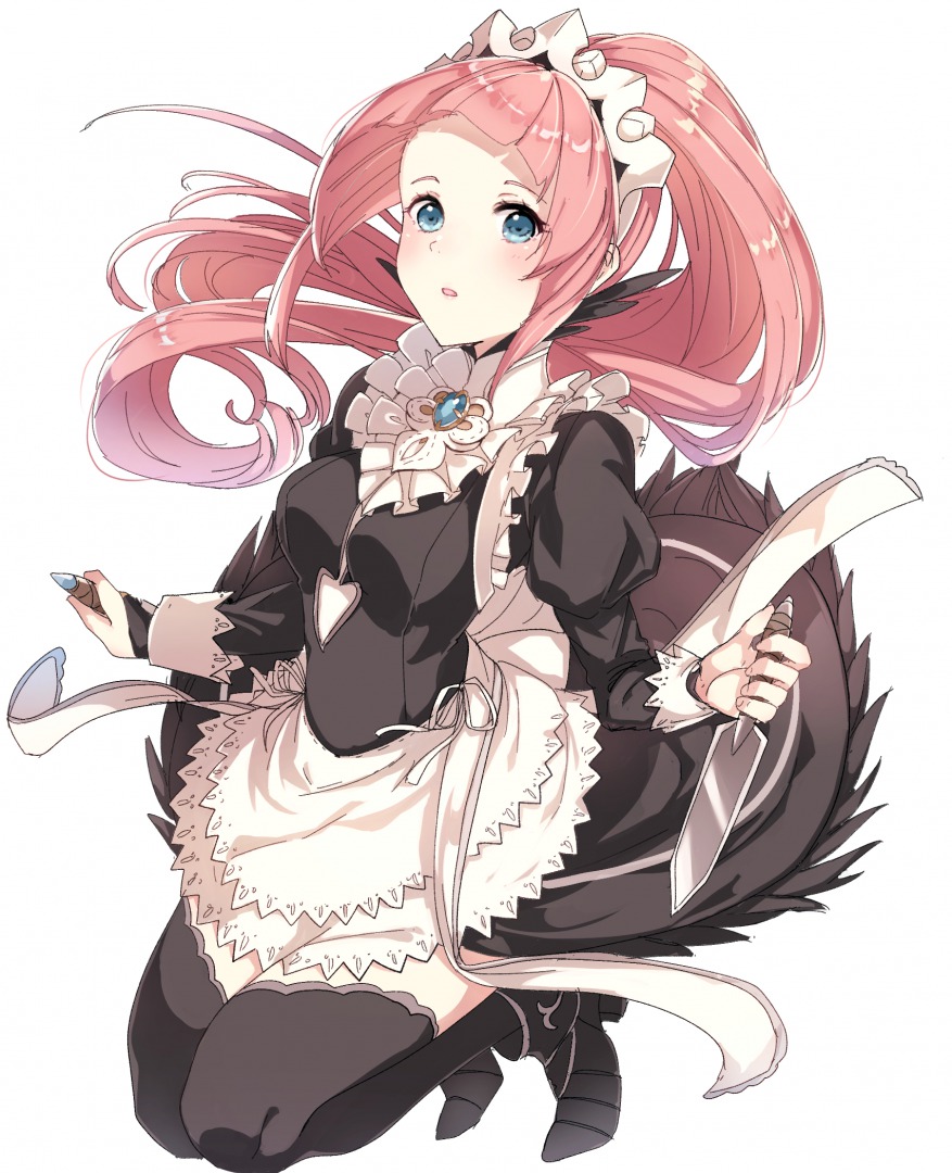 1girl apron black_dress black_footwear black_legwear blue_eyes blush breasts brooch collar dagger dress felicia_(fire_emblem) fire_emblem fire_emblem_fates frilled_collar frills full_body haru_(nakajou-28) jewelry kneeling long_hair long_sleeves looking_at_viewer maid maid_apron maid_headdress medium_breasts parted_lips pink_hair ponytail puffy_long_sleeves puffy_sleeves simple_background solo thigh-highs weapon white_background zettai_ryouiki