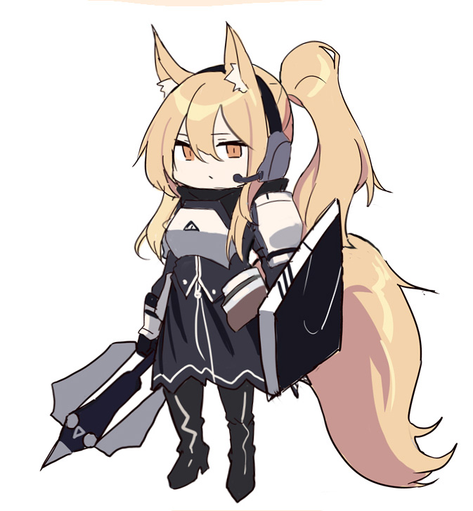 1girl animal_ear_fluff animal_ears arknights bangs black_dress black_footwear black_gloves boots breastplate brown_eyes chibi closed_mouth dress echj full_body gloves hair_between_eyes headphones headset high_heel_boots high_heels holding holding_weapon knee_boots light_brown_hair long_hair looking_at_viewer nearl_(arknights) pauldrons ponytail shield sidelocks simple_background solo tail weapon white_background