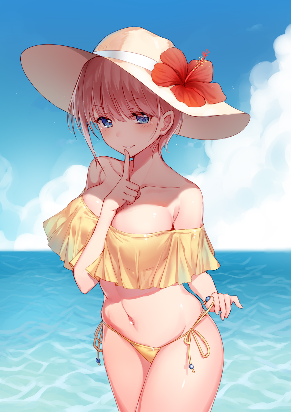 1girl bare_shoulders between_breasts bikini bison_cangshu blue_eyes blue_sky blush breasts clouds cloudy_sky collarbone commentary_request cowboy_shot day flower go-toubun_no_hanayome hand_up hat hat_flower hibiscus highres horizon index_finger_raised large_breasts looking_at_viewer nakano_ichika navel ocean outdoors parted_lips pink_hair red_flower short_hair side-tie_bikini sky solo stomach sun_hat swimsuit thighs water yellow_bikini