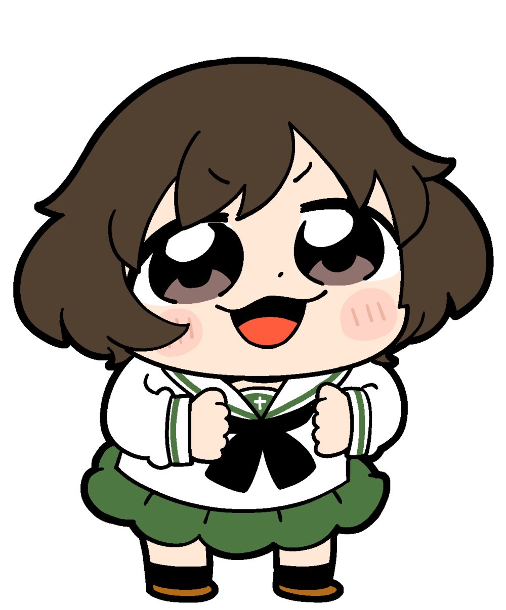 1girl :3 :d akiyama_yukari bangs bkub black_legwear blush brown_eyes brown_footwear brown_hair chibi clenched_hands commentary dot_nose eyebrows_visible_through_hair full_body girls_und_panzer green_serafuku highres long_sleeves medium_hair ooarai_school_uniform open_mouth pleated_skirt sailor_collar school_uniform serafuku simple_background skirt smile solo white_background white_serafuku