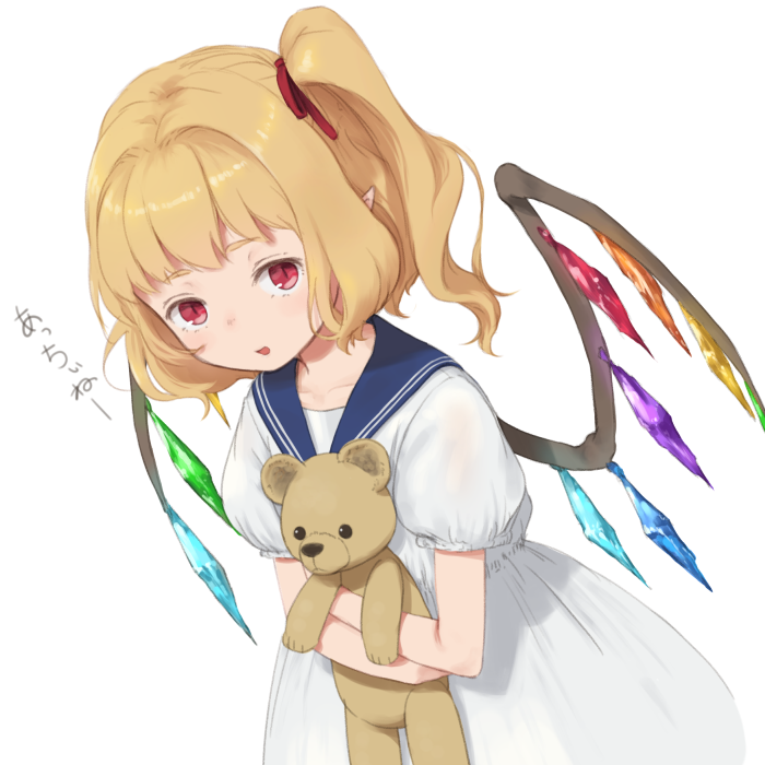 1girl :d alternate_costume blonde_hair blue_sailor_collar commentary_request cowboy_shot crystal dress flandre_scarlet hair_ribbon holding holding_stuffed_animal kitano_(kitanosnowwhite) looking_at_viewer no_hat no_headwear one_side_up open_mouth puffy_short_sleeves puffy_sleeves red_eyes red_ribbon ribbon sailor_collar sailor_dress short_hair short_sleeves simple_background slit_pupils smile solo stuffed_animal stuffed_toy teddy_bear touhou translated white_background white_dress wings