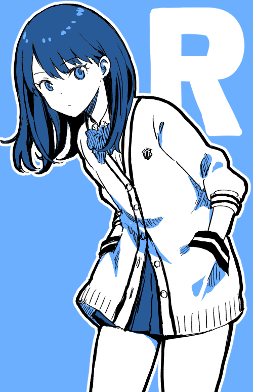 1girl bangs bare_legs blue_background blue_eyes blue_theme bow bowtie buttons cardigan closed_mouth collared_shirt commentary_request cowboy_shot eyebrows_visible_through_hair hands_in_pockets initial kamekoya_sato leaning_forward long_hair long_sleeves looking_at_viewer microskirt outline partially_unbuttoned pleated_skirt school_uniform shirt simple_background skirt solo ssss.gridman standing straight_hair takarada_rikka thighs white_outline
