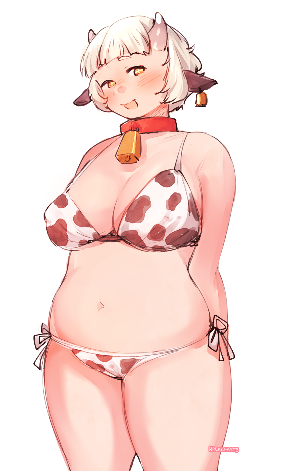 +_+ 1girl :d animal_ears animal_print arms_behind_back artist_name bangs bare_shoulders bell bell_collar bell_piercing belly bikini blunt_bangs blush breakfastb breasts collar commentary cow_bell cow_ears cow_horns cow_print cowboy_shot ear_piercing english_commentary highres horns large_breasts looking_at_viewer navel open_mouth orange_eyes original piercing plump print_bikini short_hair side-tie_bikini simple_background sketch smile solo stomach swimsuit thighs white_background white_hair