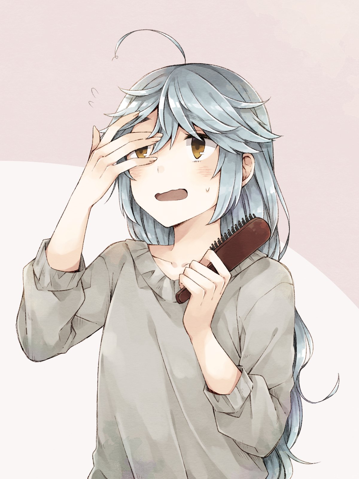 1girl :o ahoge alternate_costume brown_eyes grey_hair hamanami_(kantai_collection) highres holding_comb kantai_collection long_hair miroku_san-ju pajamas solo upper_body wavy_mouth