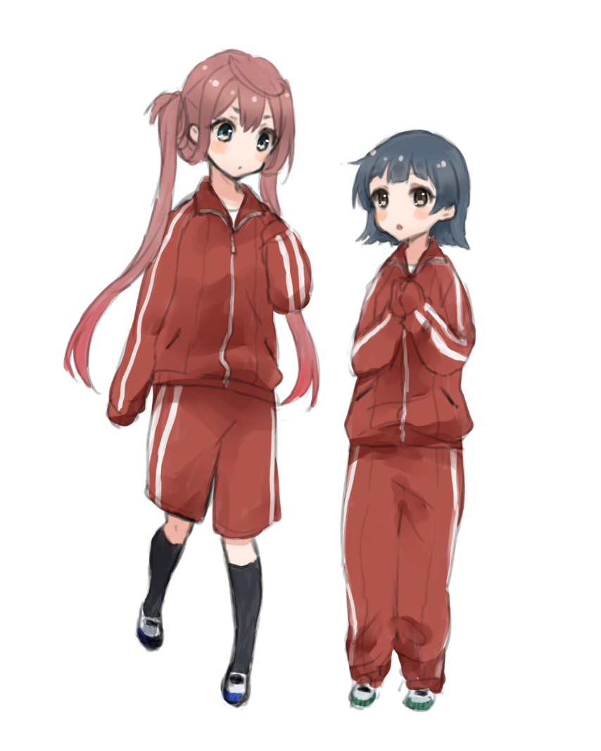 2girls :o arare_(kantai_collection) asagumo_(kantai_collection) bangs black_hair black_legwear blush_stickers brown_eyes brown_hair closed_mouth eyebrows_behind_hair gym_shorts hair_between_eyes jacket kantai_collection kneehighs long_hair long_sleeves multiple_girls nuno_(pppompon) pants parted_lips red_jacket red_pants red_shorts shoes shorts simple_background sleeves_past_fingers sleeves_past_wrists standing track_jacket track_pants track_suit twintails uwabaki v-shaped_eyebrows very_long_hair white_background white_footwear