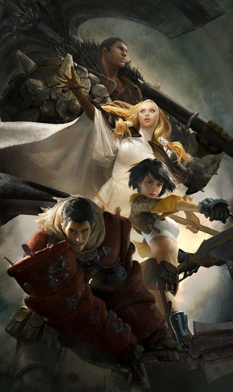 2boys 2girls axe black_eyes black_gloves black_hair blonde_hair brown_gloves concept_art dark_skin dark_skinned_male fantasy fighting_stance fur_trim gloves grey_eyes highres holding holding_axe holding_sword holding_weapon hunting_era looking_at_viewer midriff multiple_boys multiple_girls outstretched_arm over_shoulder pouch sangsoo_jeong short_hair shoulder_armor shoulder_spikes simple_background spikes standing sword weapon